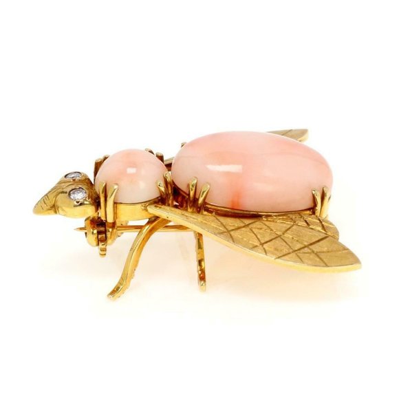 Vintage Diamond Coral 18k Yellow Gold Fly Brooch - Picture 2 of 4